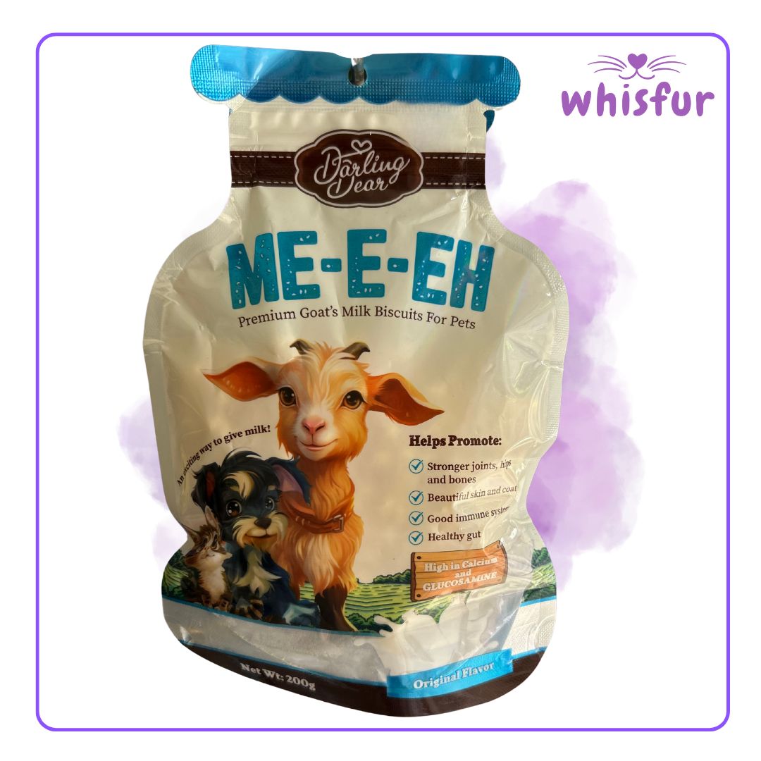 An Image of Darling Dear Premium Goat's Milk Biscuit for Cats and Dogs (pouch)200g original with the logo of Whisfur Pet Supplies at the upper right corner.