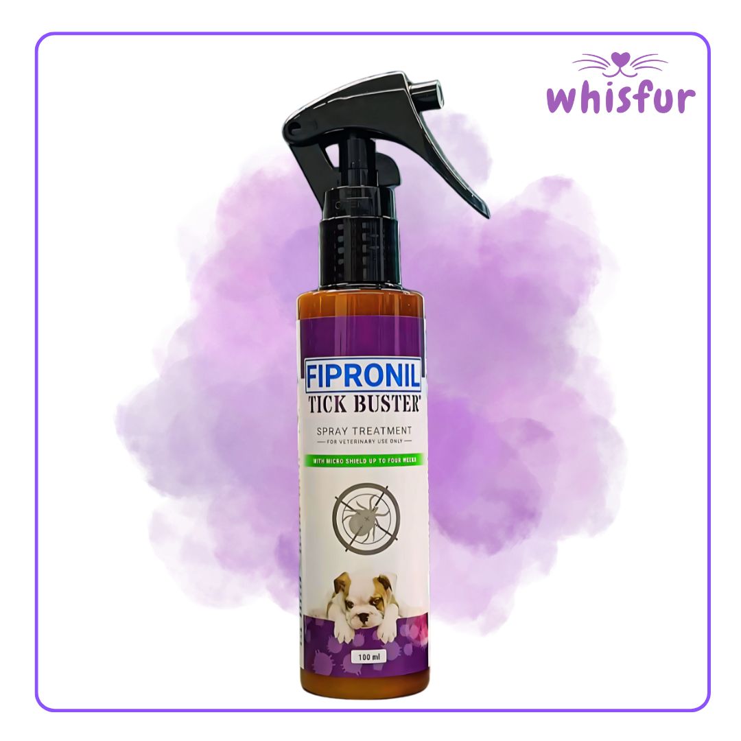 An Image of Fipronil Tick Buster Spray (bottle)100ml small with the logo of Whisfur Pet Supplies at the upper right corner.