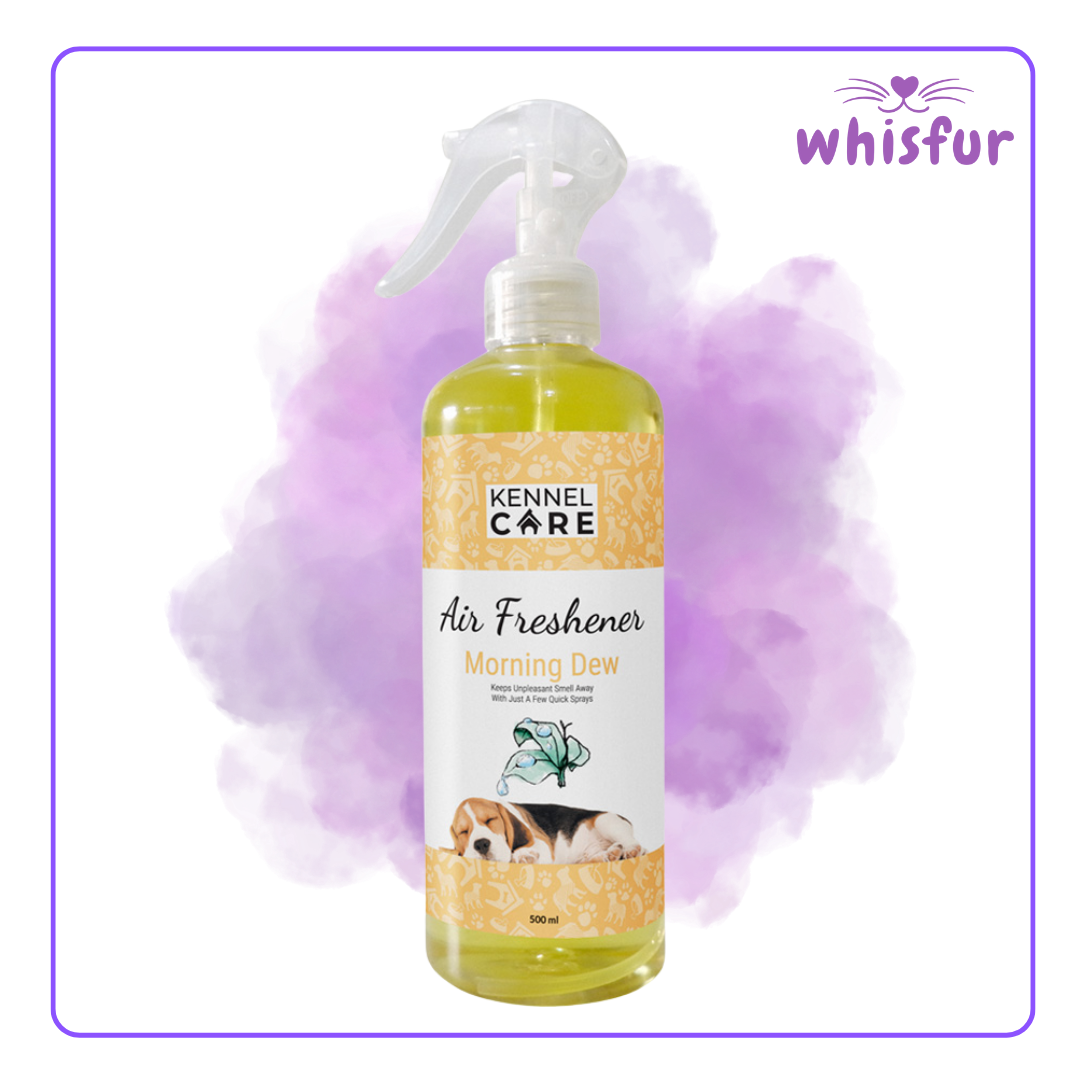 An Image of Kennel Care Air Freshener 1 Bottle 500Ml Morning Dew with the logo of Whisfur Pet Supplies at the upper right corner.