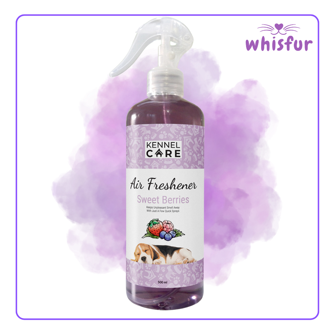 An Image of Kennel Care Air Freshener 1 Bottle 500Ml Sweet Berries with the logo of Whisfur Pet Supplies at the upper right corner.