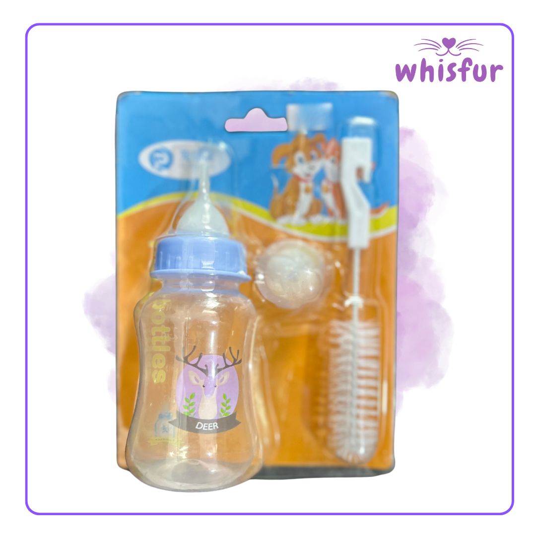 An Image of Nursing Bottle and Milk Bottle for Cats and Dogs (bottle)150ml big with the logo of Whisfur Pet Supplies at the upper right corner.