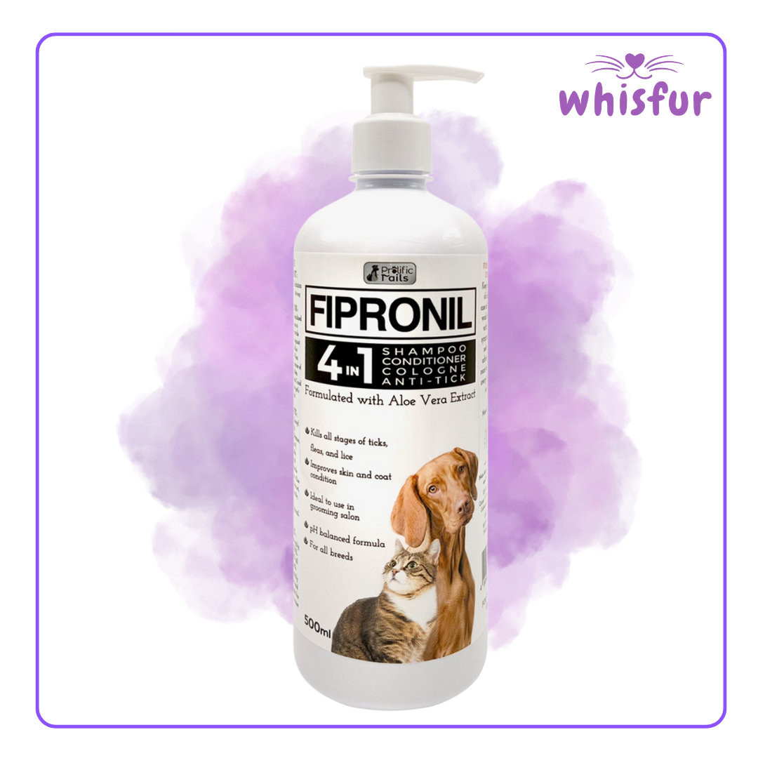An Image of Prolific Tails Fipronil 4 In 1 Anti Tick Shampoo With Cologne And Conditioner 1 Bottle 500Ml Big with the logo of Whisfur Pet Supplies at the upper right corner.