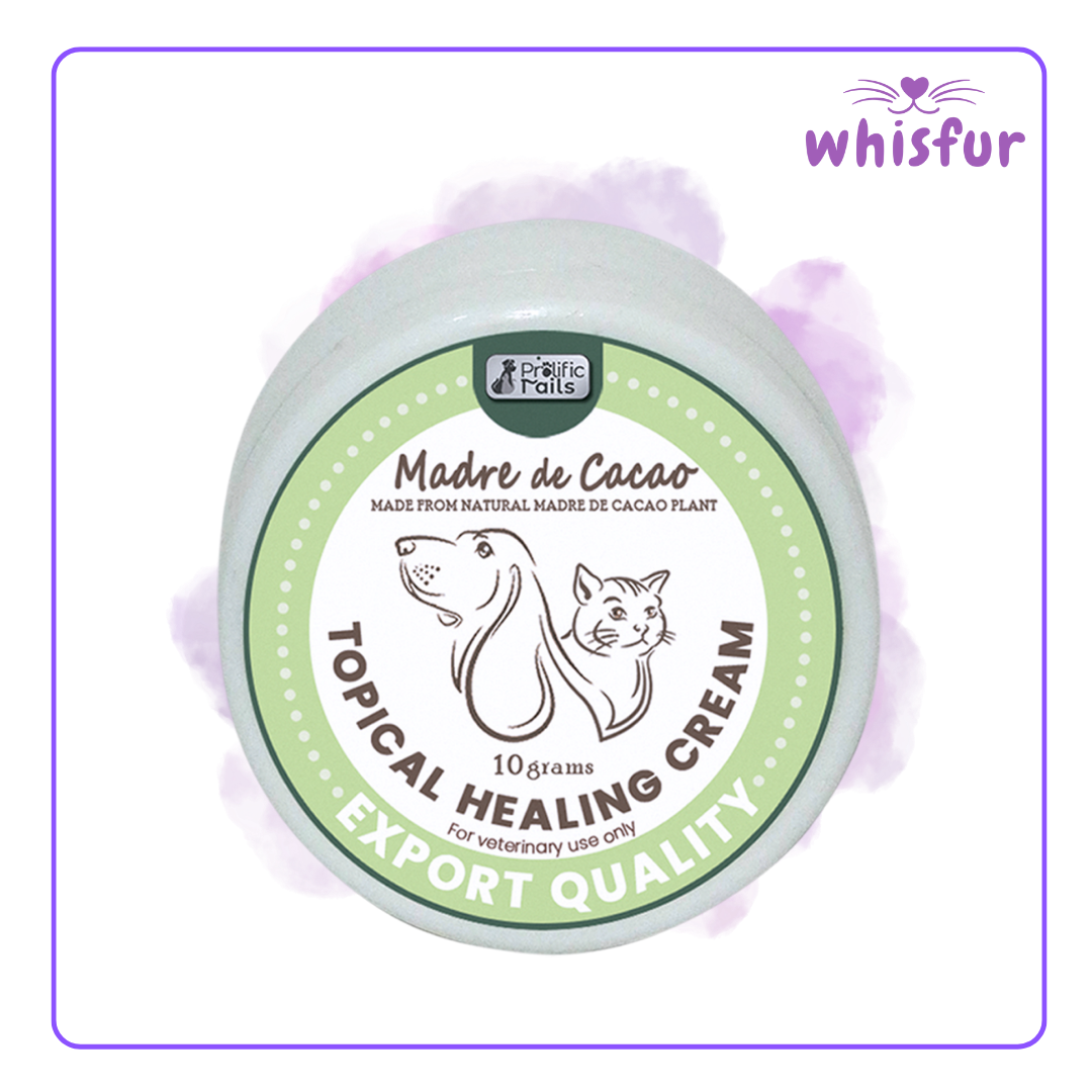 An Image of Prolific Tails Madre De Cacao Topical Healing Cream 1 Tub 10G Cream with the logo of Whisfur Pet Supplies at the upper right corner.