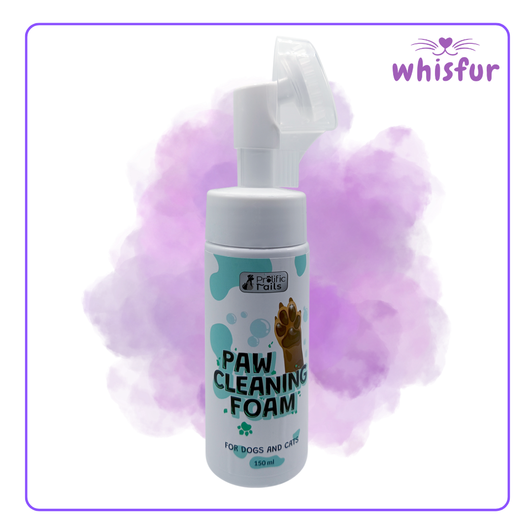 An Image of Prolific Tails Natural Paw Cleaning Foam For Cats And Dogs 1 Bottle 150Ml Foam with the logo of Whisfur Pet Supplies at the upper right corner.