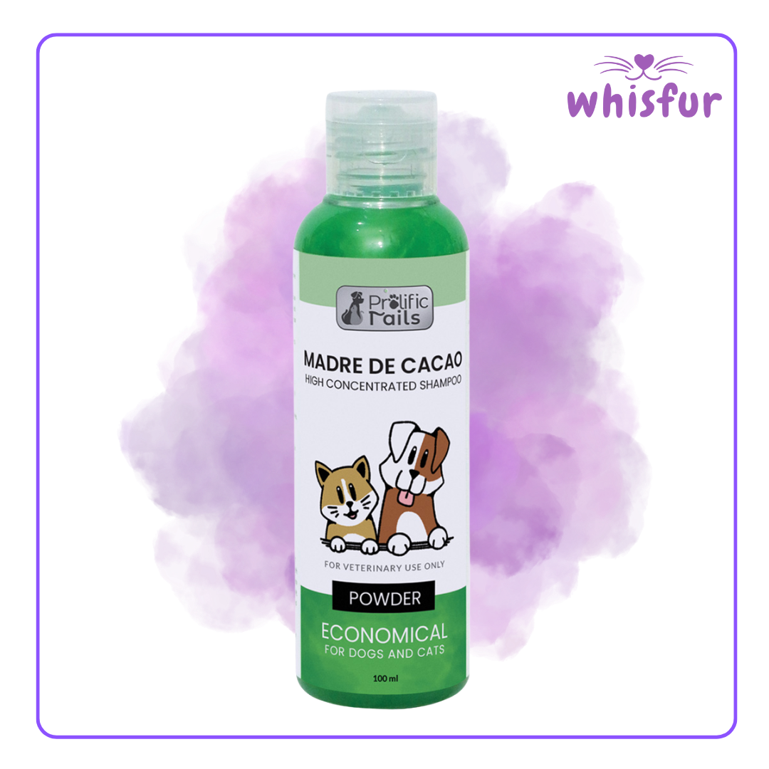An Image of Prolific Tails Madre De Cacao Pet Shampoo 1 Bottle 100Ml Powder with the logo of Whisfur Pet Supplies at the upper right corner.
