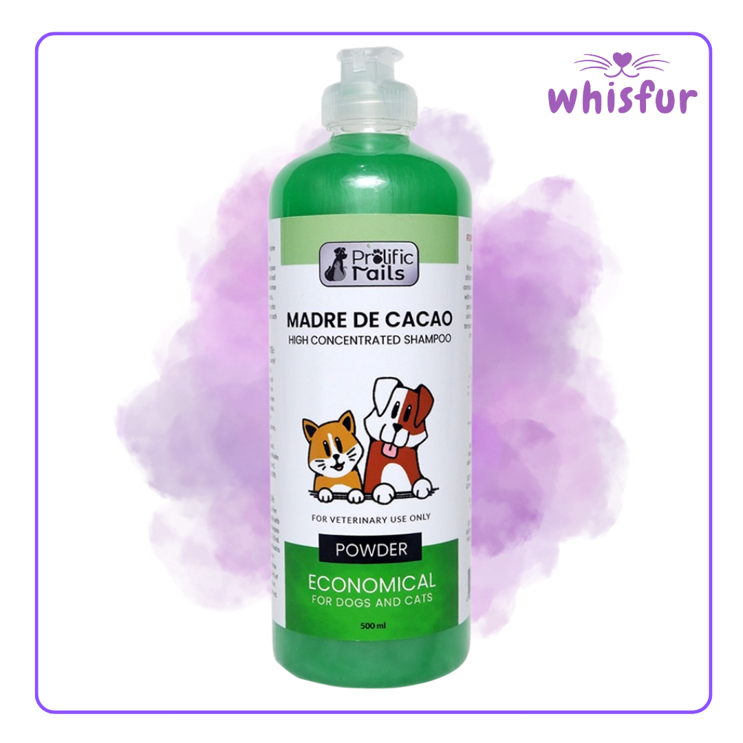 An Image of Prolific Tails Madre De Cacao Pet Shampoo 1 Bottle 500Ml Powder with the logo of Whisfur Pet Supplies at the upper right corner.