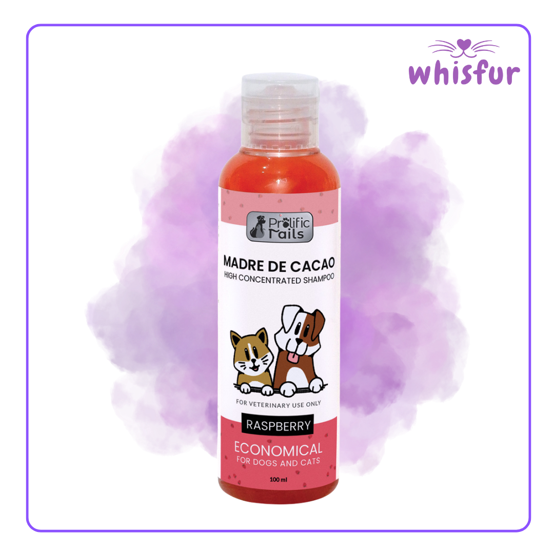 An Image of Prolific Tails Madre De Cacao Pet Shampoo 1 Bottle 100Ml Raspberry with the logo of Whisfur Pet Supplies at the upper right corner.