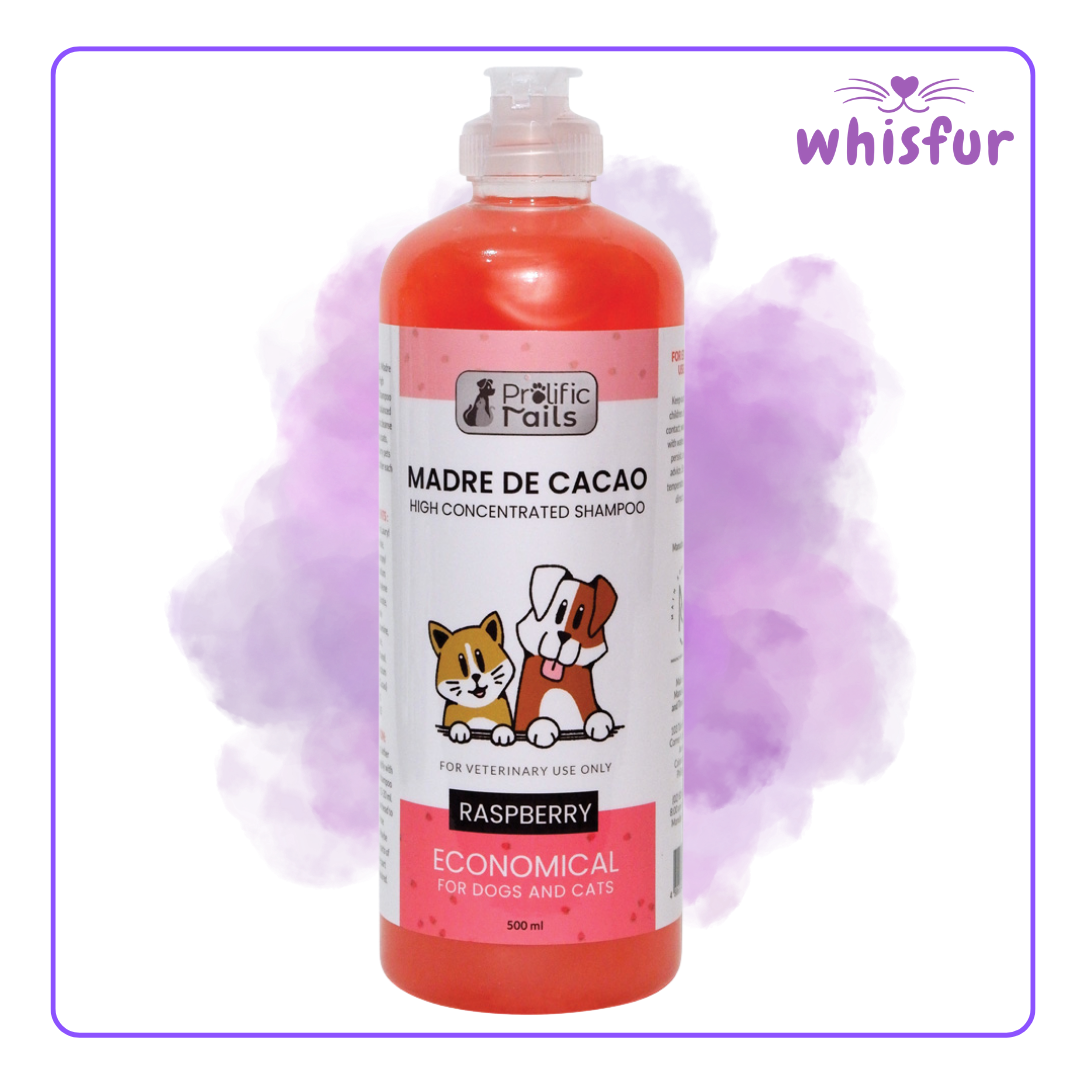 An Image of Prolific Tails Madre De Cacao Pet Shampoo 1 Bottle 500Ml Raspberry with the logo of Whisfur Pet Supplies at the upper right corner.