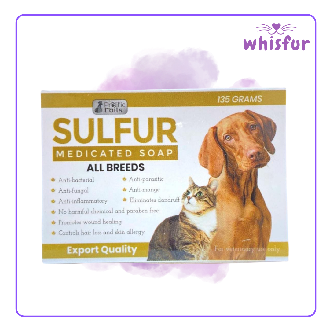 An Image of Sulfur Soap For Dogs All Breed 1 Box 135G Sulfur with the logo of Whisfur Pet Supplies at the upper right corner.