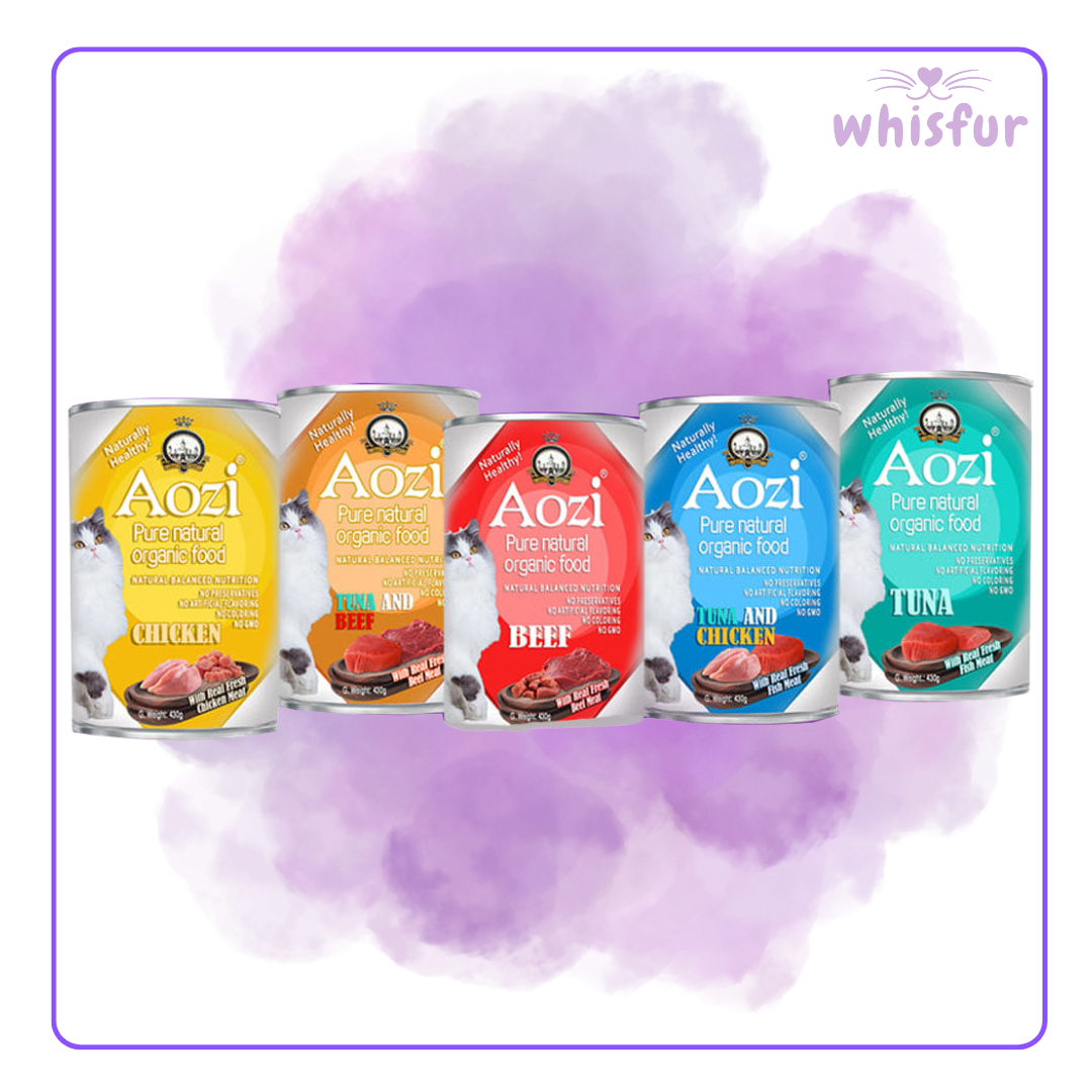 An Image of combined Aozi Wet food for Cats (can)430g different flavors with the logo of Whisfur Pet Supplies at the upper right corner.