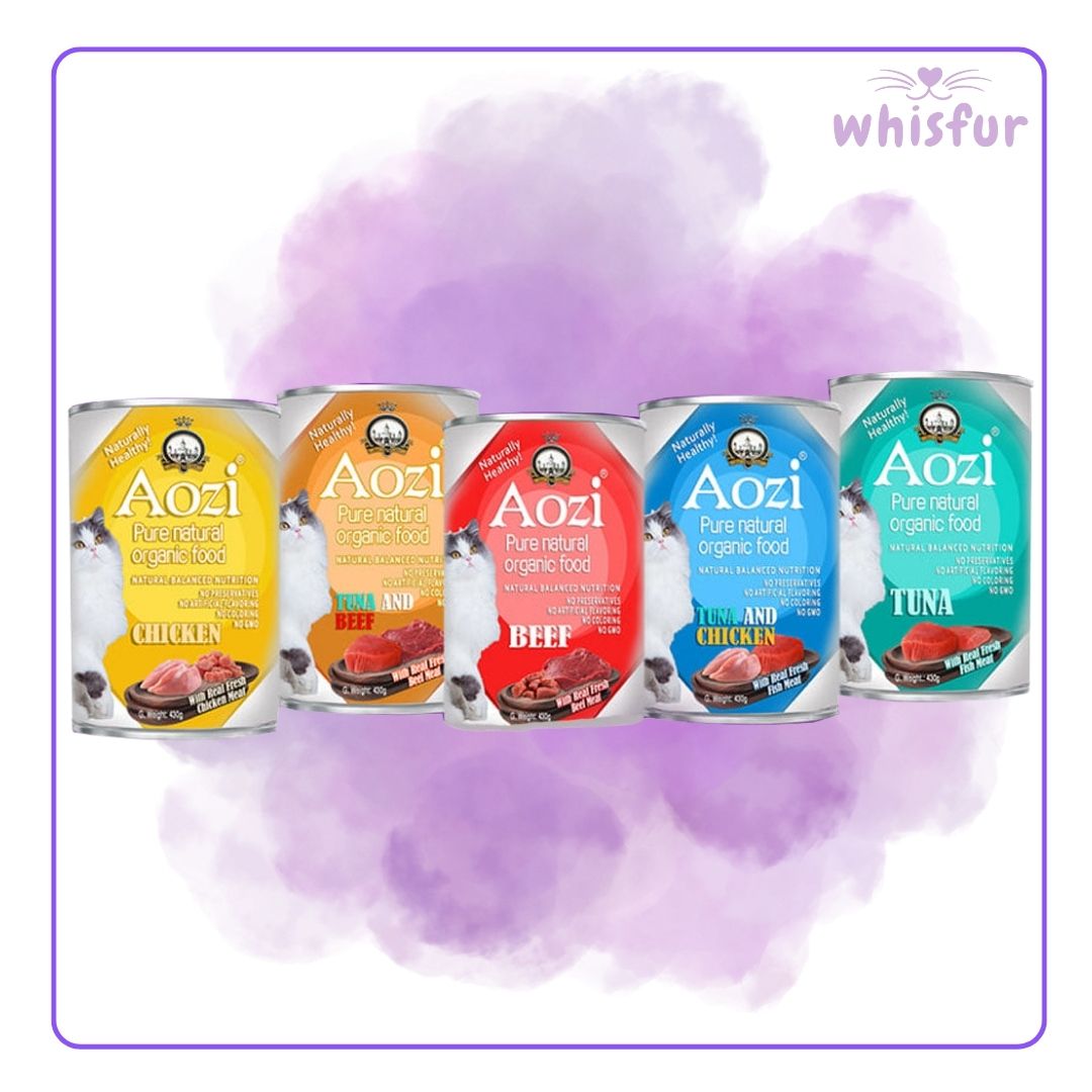 An Image of Aozi Wet food for Cats (can)430g with the logo of Whisfur Pet Supplies at the upper right corner.