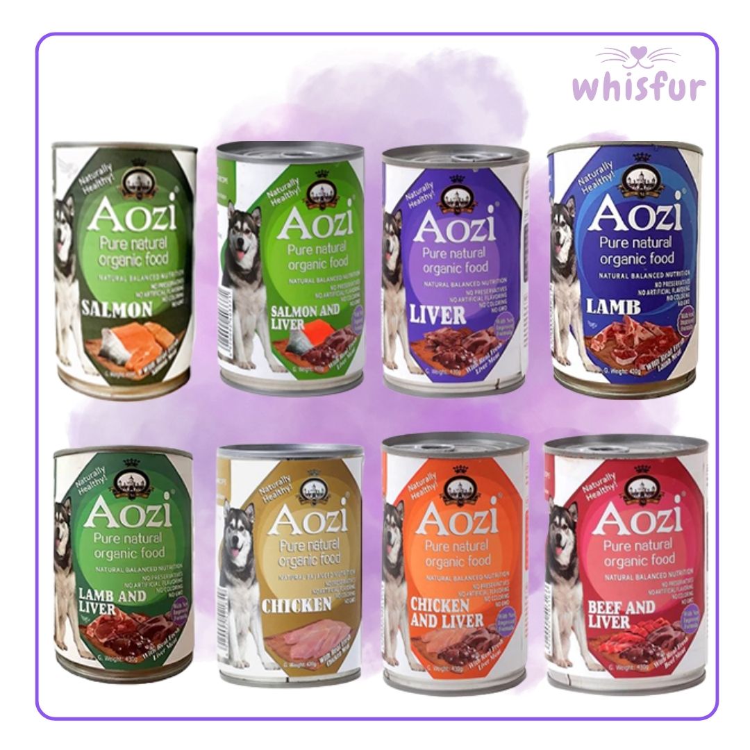 Assorted cans of Aozi dog food on a purple background with 'whisfur' branding.