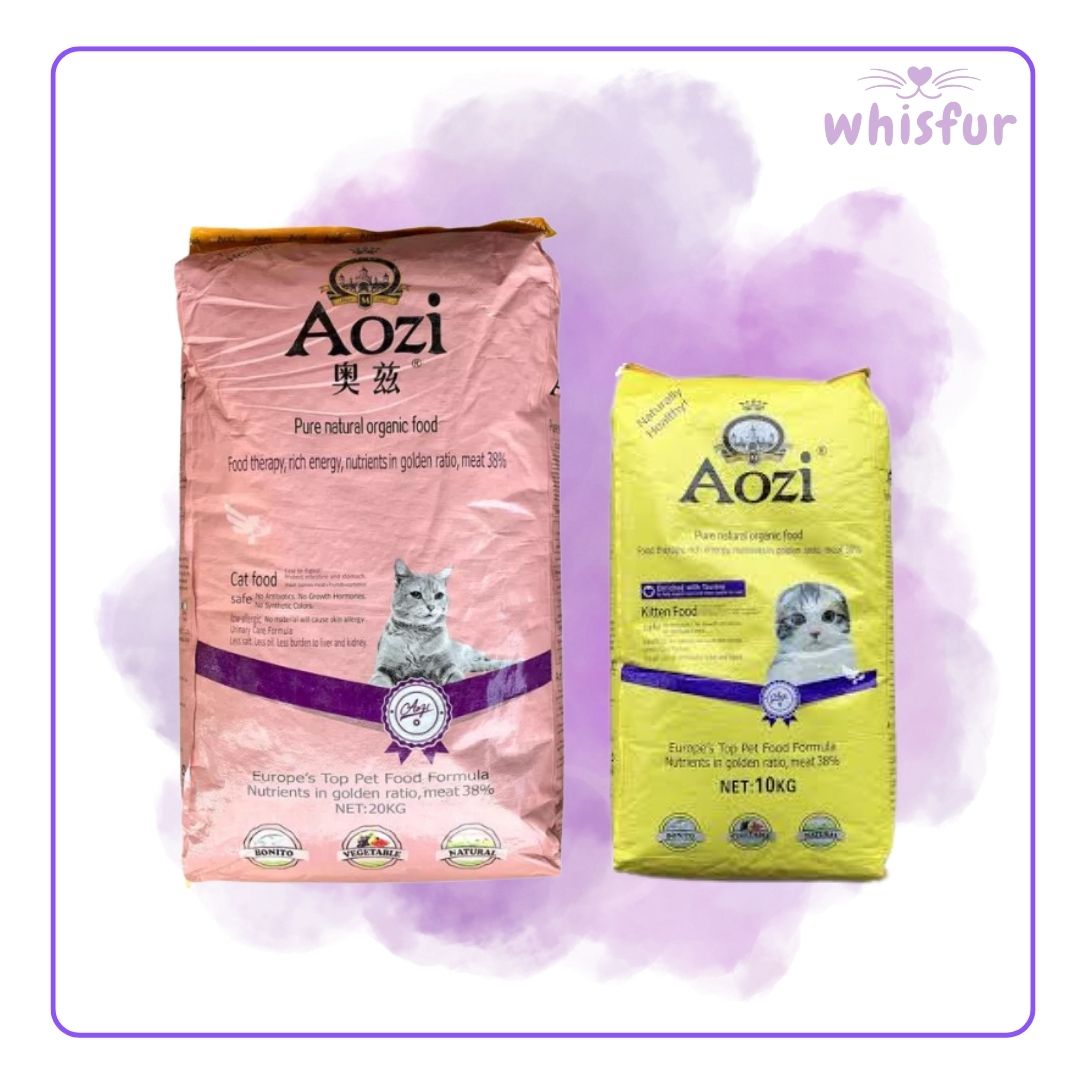 Two bags of Aozi cat food on a purple background with 'whisfur' branding.