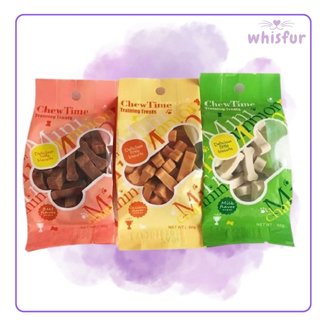 Three packages of 'Chew Time' training treats from 'whisfur' on a purple background.