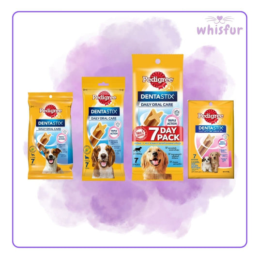 Pedigree dental care products on a purple background with 'whisfur' branding.