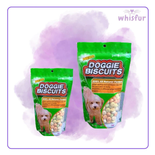 Two packages of 'Doggie Biscuits' on a purple background with 'whisfur' branding.