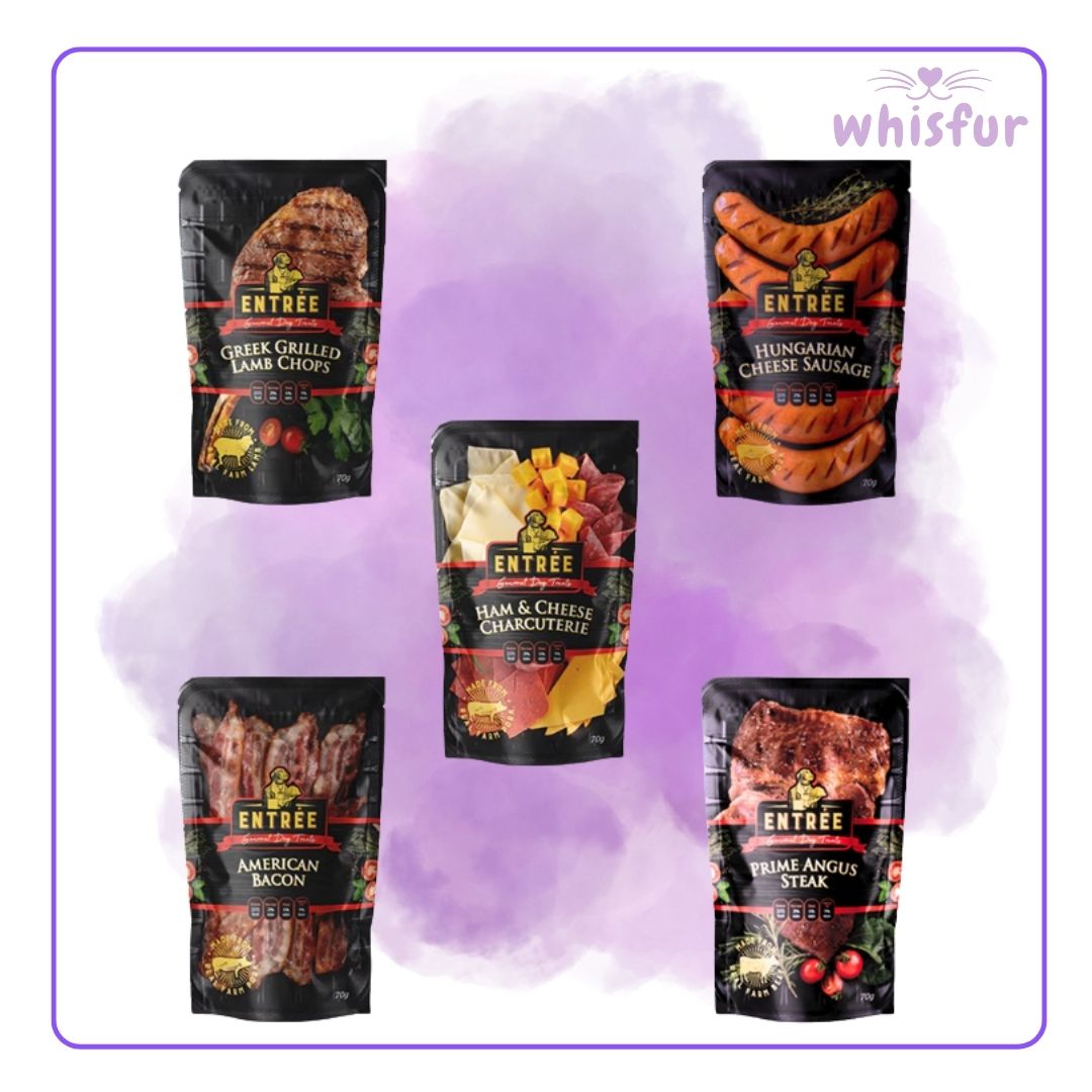 Five packages of Entrée pet food on a light purple background with 'whisfur' branding.