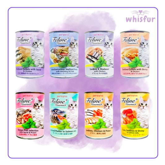 Assorted cans of Feline Gourmet cat food with visible 'whisfur' branding.