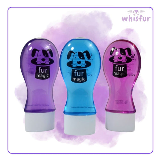 Three 'fur magic' products in purple, blue, and pink on a light purple background with 'whisfur' branding.