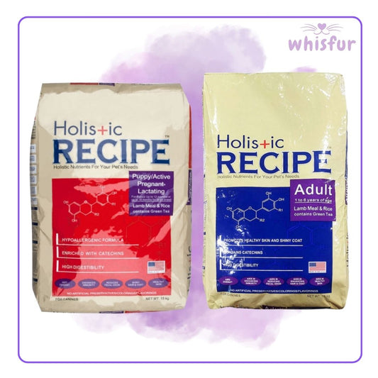 Two bags of Holistic Recipe dog food on a purple background with 'whisfur' branding.