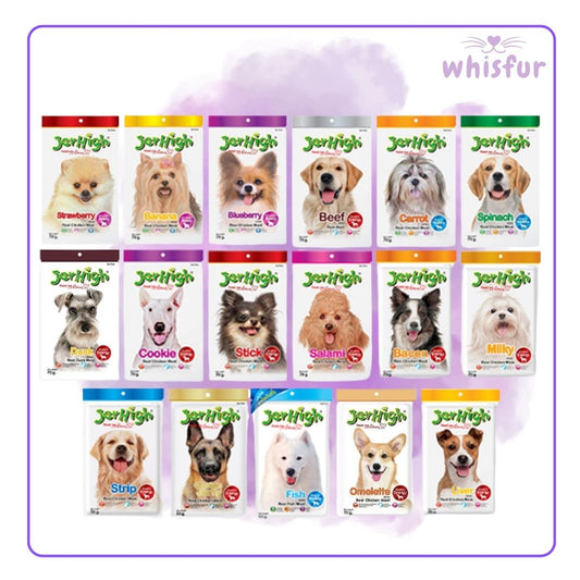 Assorted Jerhigh dog food packages with different flavors on a white background, branded 'whisfur'.