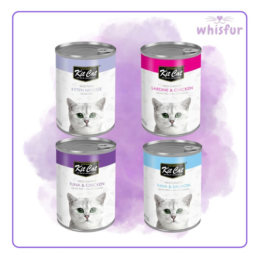 Four cans of Kit Cat cat food on a purple background with 'whisfur' branding.