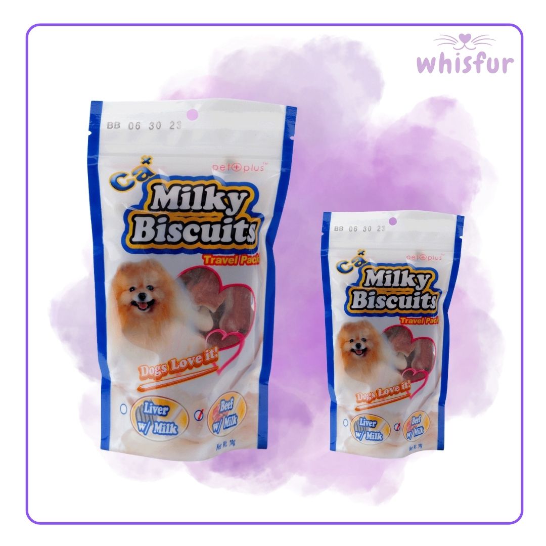 Two packages of Milky Biscuit dog treats on a purple background with 'whisfur' branding.