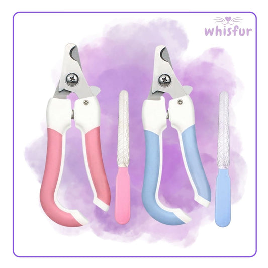 Set of pet nail clippers with pink and blue handles on a purple watercolor background, branded 'whisfur'.