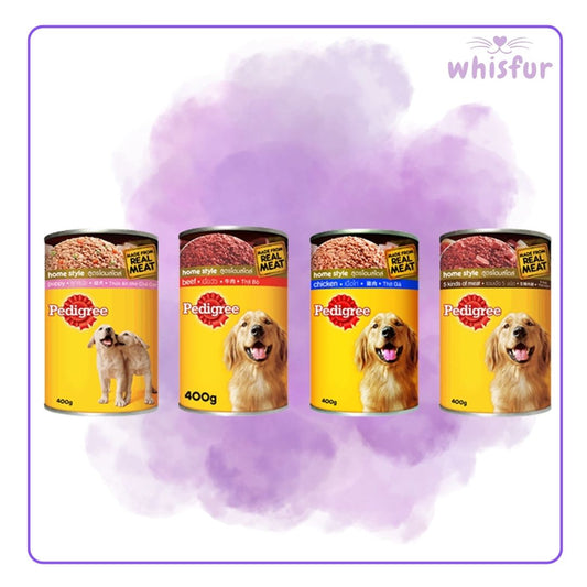 Four cans of Pedigree dog wet food on a purple background with 'whisfur' branding.