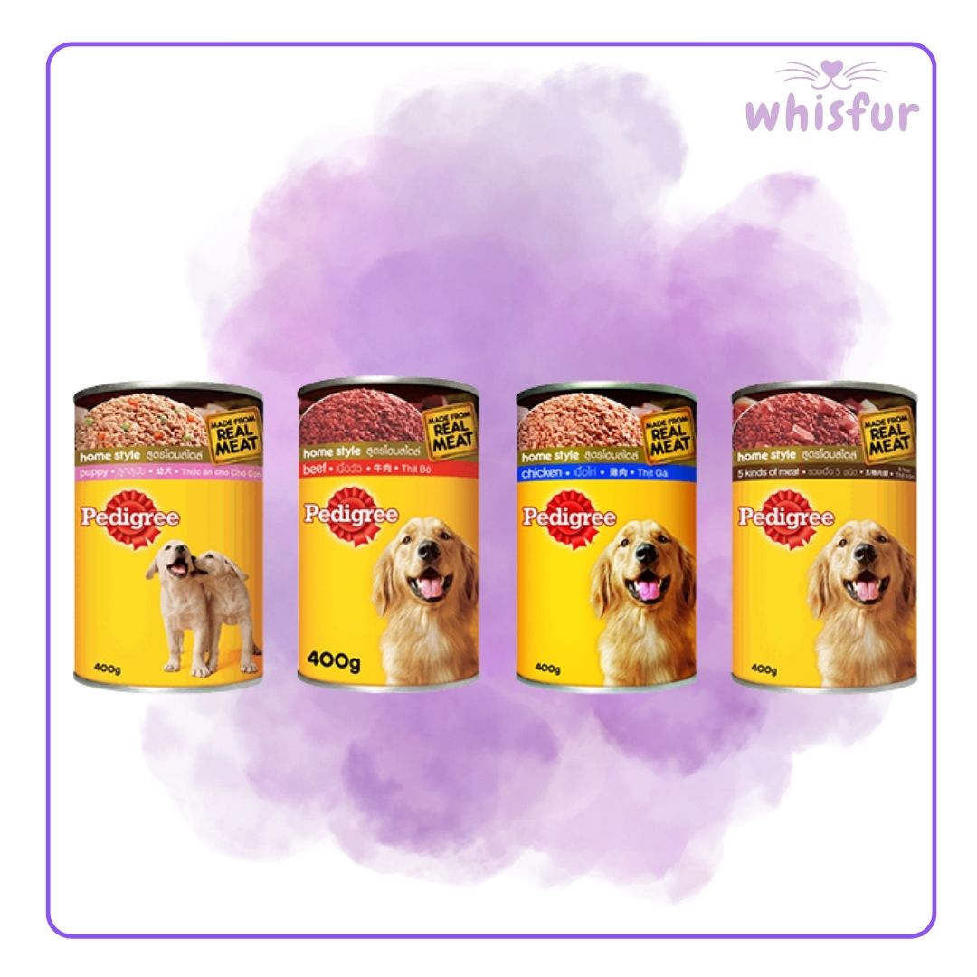 Four cans of Pedigree dog wet food on a purple background with 'whisfur' branding.
