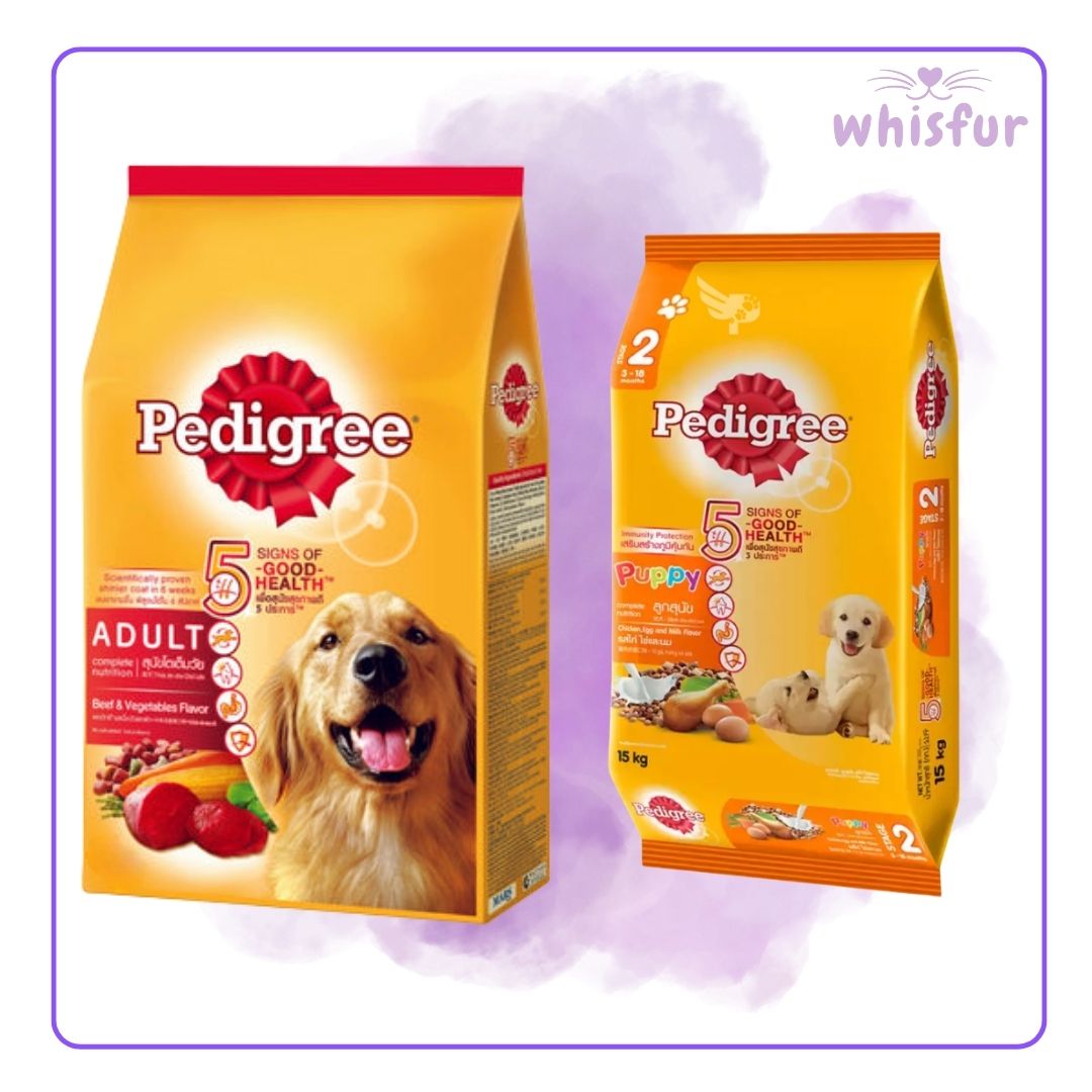 Two Pedigree dog food packages, one for adult dogs and one for puppies, on a light purple background, branded 'whisfur'.