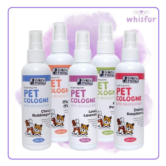 Five bottles of Pet Cologne by Profic tails with colorful labels on a light purple background, branded 'whisfur'.
