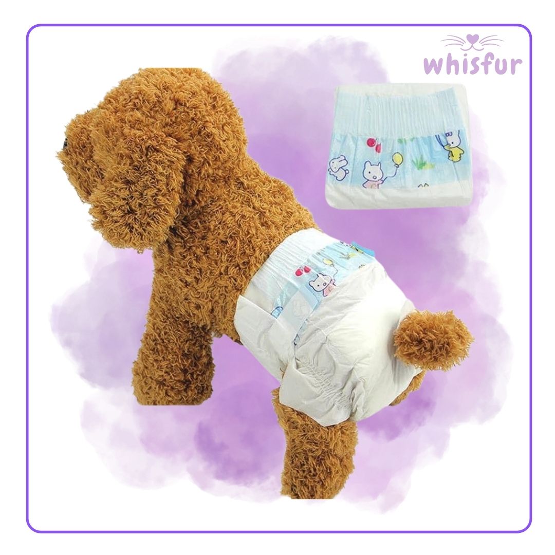 Dog wearing a diaper with a purple watercolor background and 'whisfur' branding.