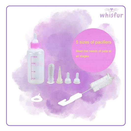 Pet nursing bottle set with various sizes of pacifiers on a purple watercolor background, branded 'whisfur'.