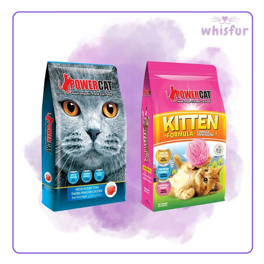 Two Power Cat cat food packages on a purple gradient background with 'whisfur' branding.