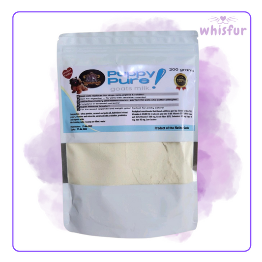 Pouch of Puppy Pure goat's milk powder with a visible brand logo on a light purple background, branded 'whisfur'.