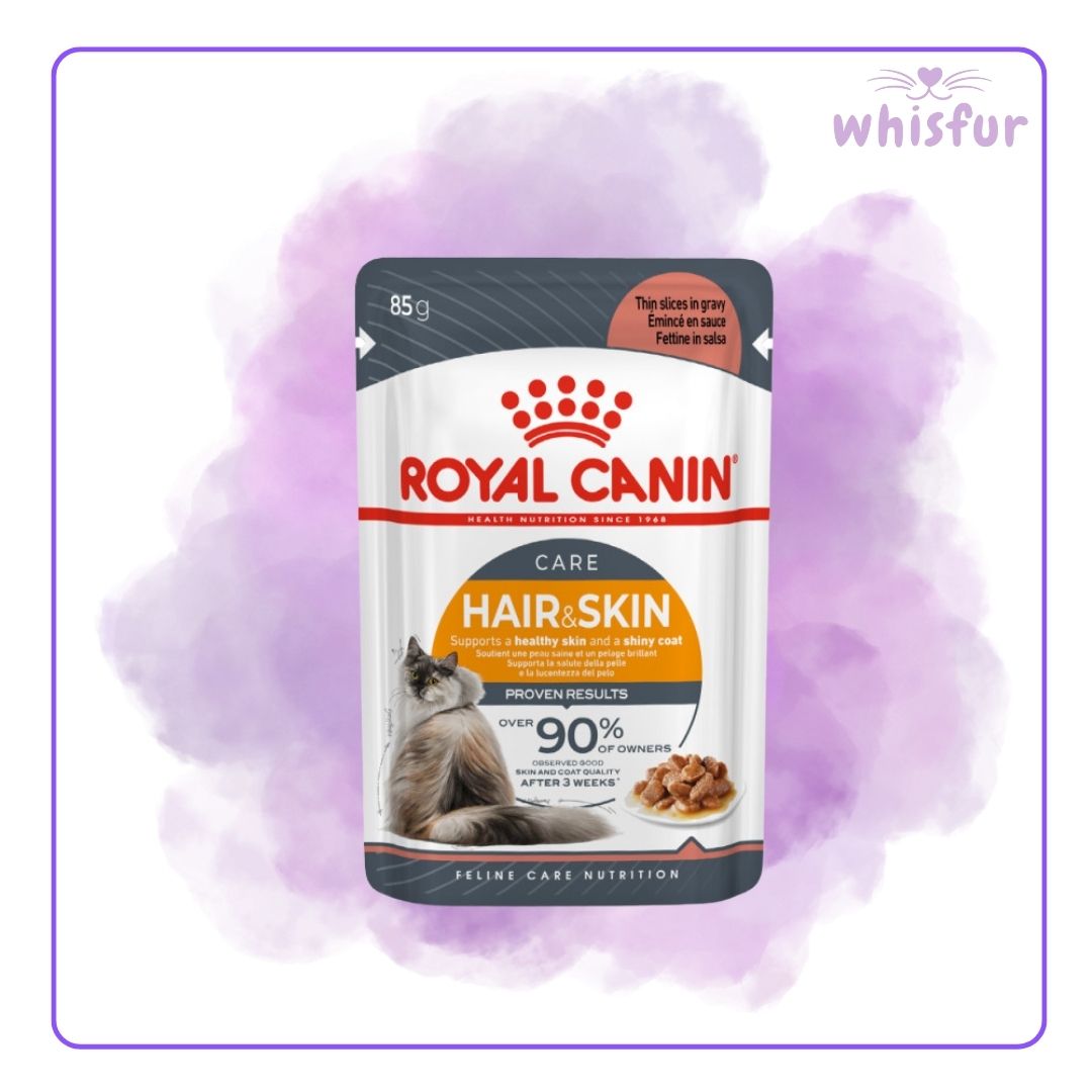 Royal Canin Hair & Skin care cat food pouch on a purple background, branded 'whisfur'.