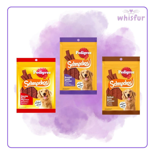 Three packages of Pedigree Schmackos dog treats on a purple watercolor background with 'whisfur' branding.