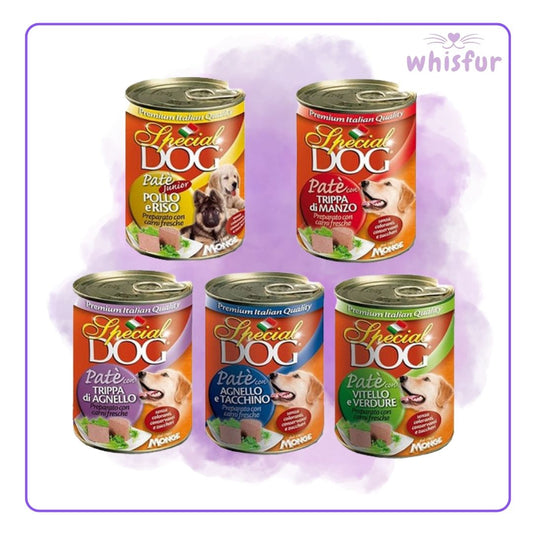 An Image of Special Dog Wet Food for Dogs in can 400g in different flavors with the logo of Whisfur Pet Supplies at the upper right corner.
