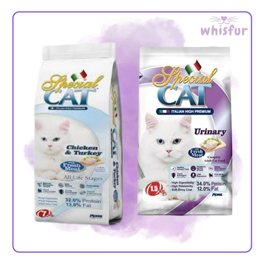 Two Special Cat cat food packages on a light purple background with 'whisfur' branding.