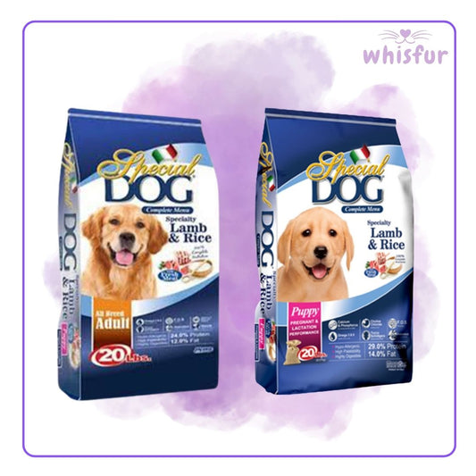 Two packages of Special Dog Specialty Lamb & Rice dog food on a light purple background with 'whisfur' branding.