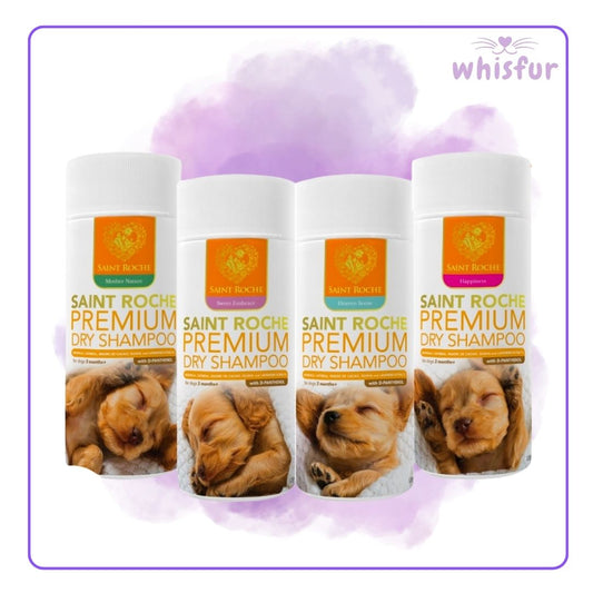 Four bottles of Saint Roche Premium Dry Shampoo with a purple background and 'whisfur' branding.