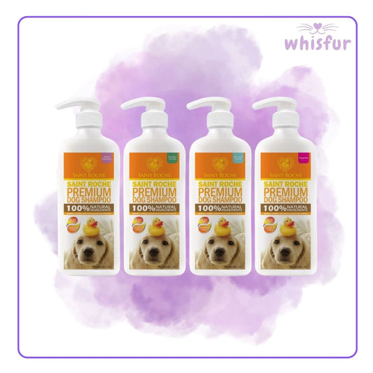 Four bottles of Saint Roche Premium Dog Shampoo on a purple watercolor background with 'whisfur' branding.