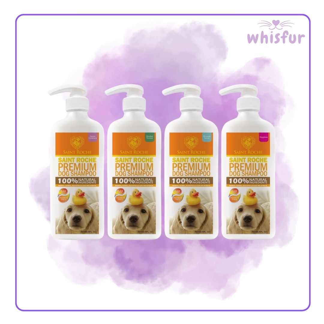 Four bottles of Saint Roche Premium Dog Shampoo on a purple watercolor background with 'whisfur' branding.
