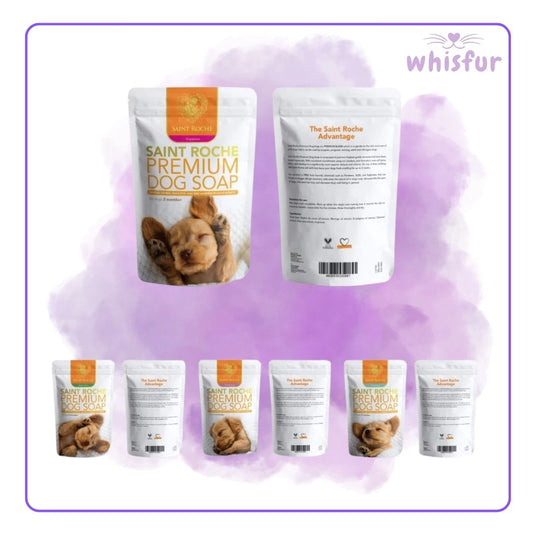Saint Roche Premium Dog Soap packaging on a purple background with 'whisfur' branding.