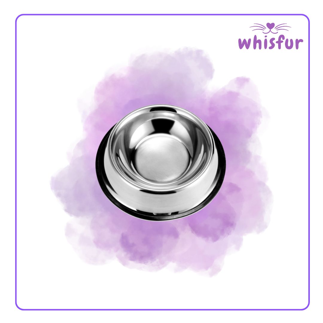 An Image of Stainless Bowl for Cats and Dogs (pc)16cm small with the logo of Whisfur Pet Supplies at the upper right corner.