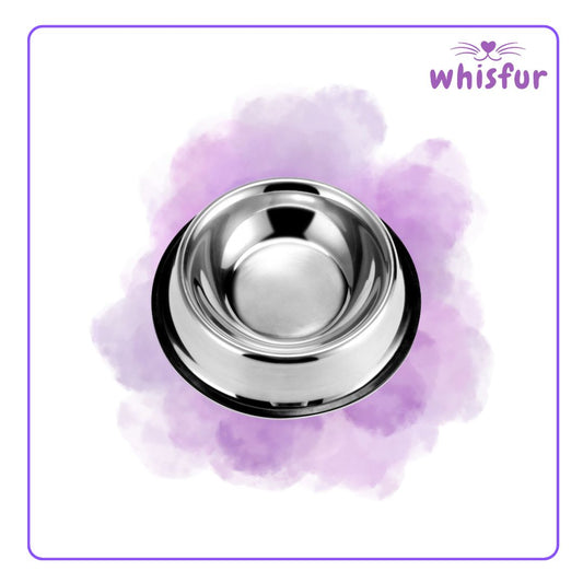 An Image of Stainless Bowl for Cats and Dogs (pc)18cm medium with the logo of Whisfur Pet Supplies at the upper right corner.