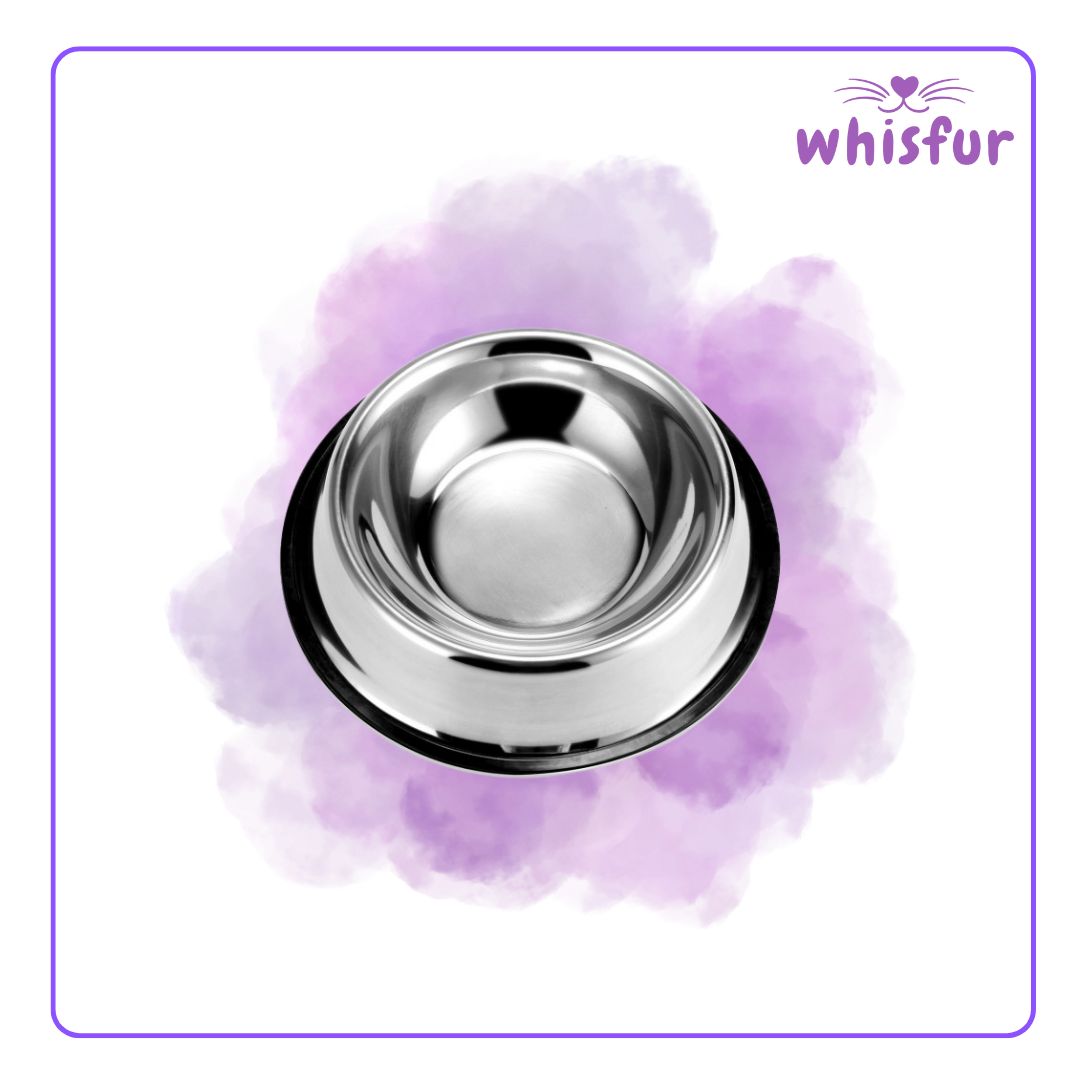 An Image of Stainless Bowl for Cats and Dogs (pc)18cm medium with the logo of Whisfur Pet Supplies at the upper right corner.