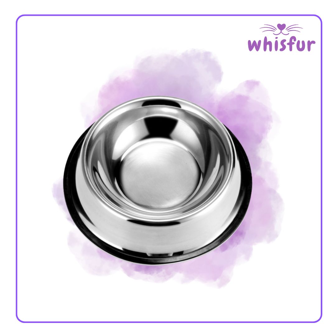 An Image of Stainless Bowl for Cats and Dogs (pc)22cm large with the logo of Whisfur Pet Supplies at the upper right corner.