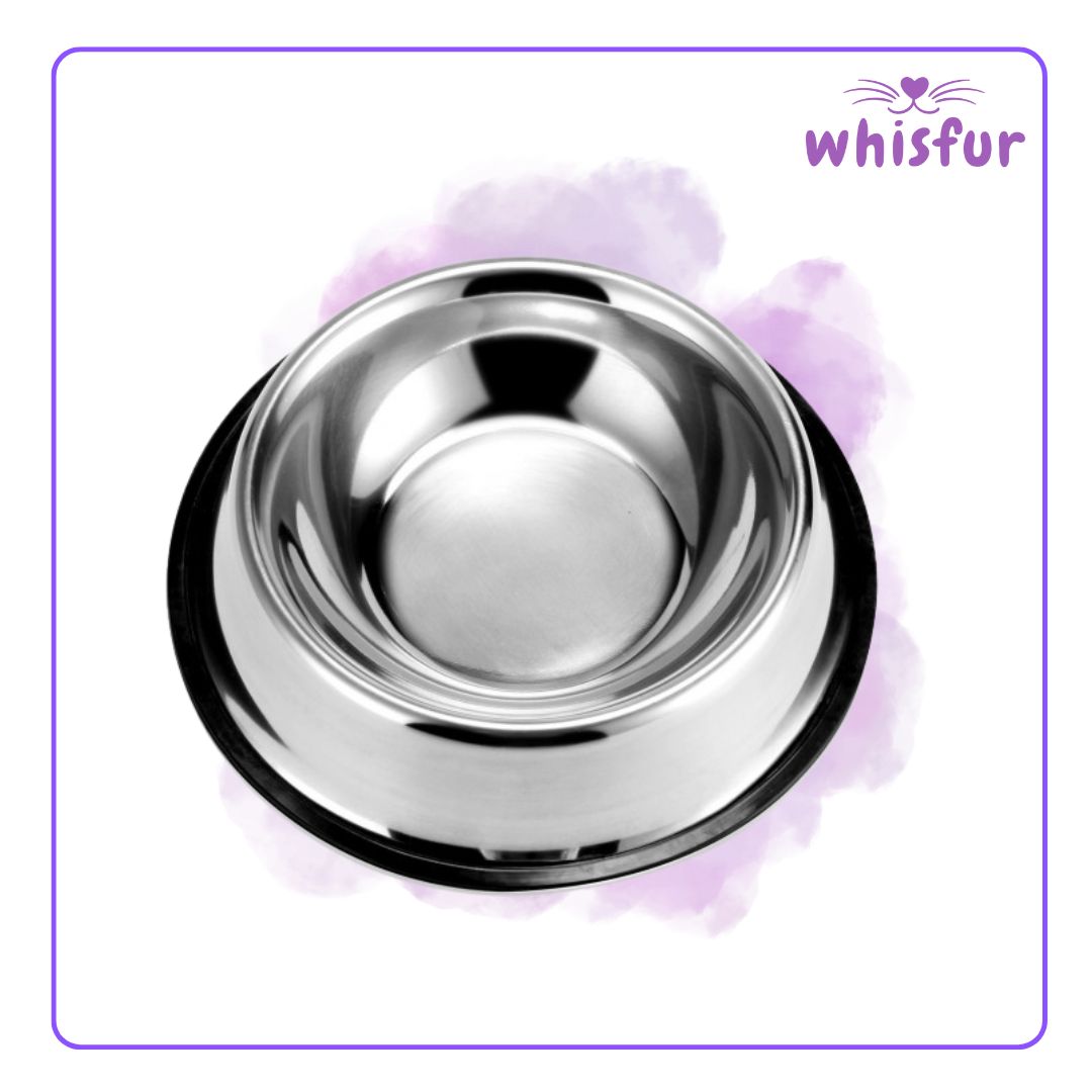 An Image of Stainless Bowl for Cats and Dogs (pc)26cm xlarge with the logo of Whisfur Pet Supplies at the upper right corner.